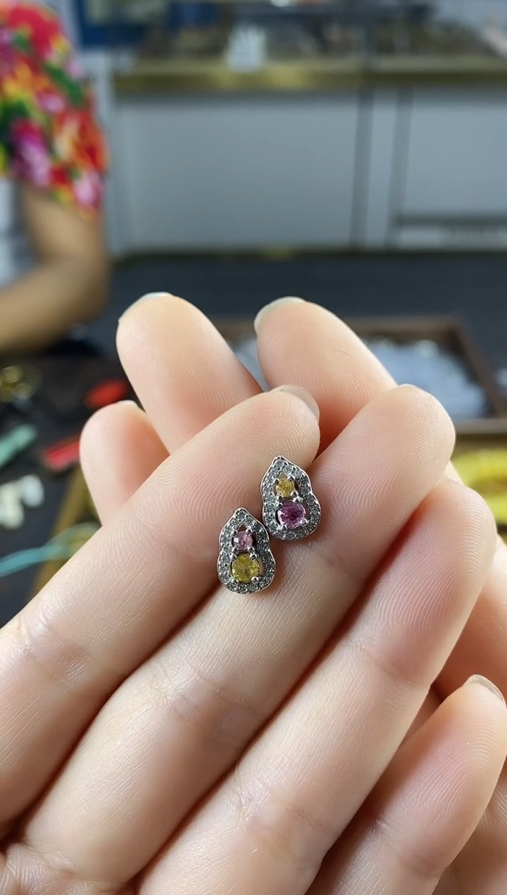 银S925镶嵌耳钉碧玺那**光葫芦耳钉