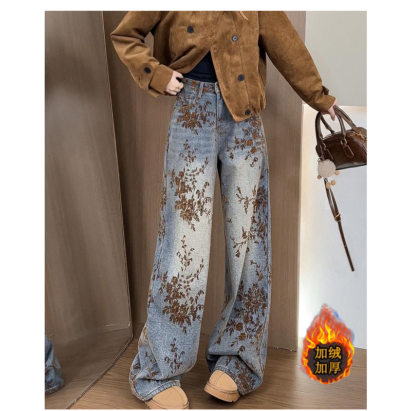高级感提花植绒加绒设计感阔腿牛仔裤女秋冬新款宽松时尚款5833#