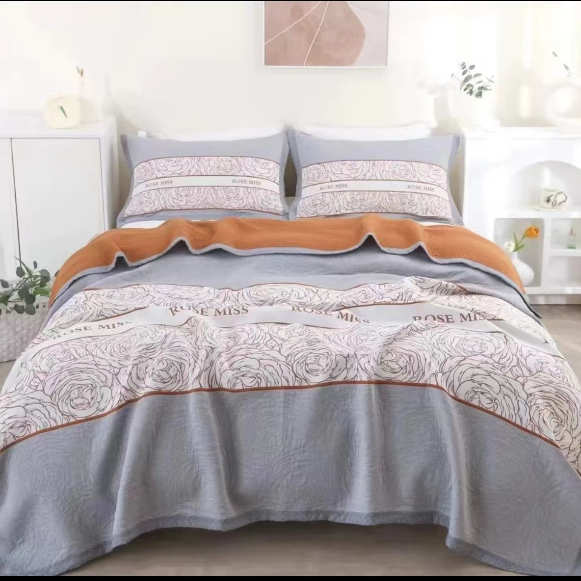 莱赛尔天丝纱布盖毯床盖--字母玫瑰230*250