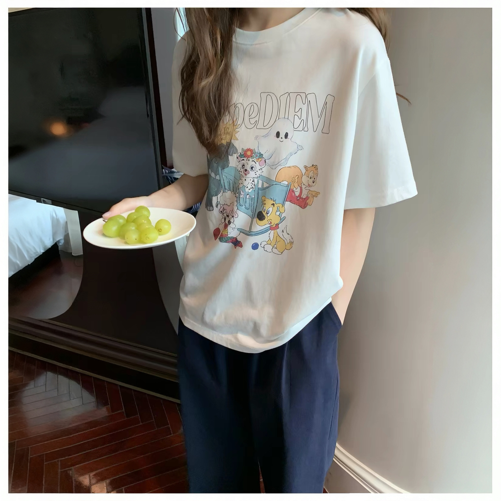 韩系清新动物派对印花宽松短袖T恤女夏季休闲百搭上衣