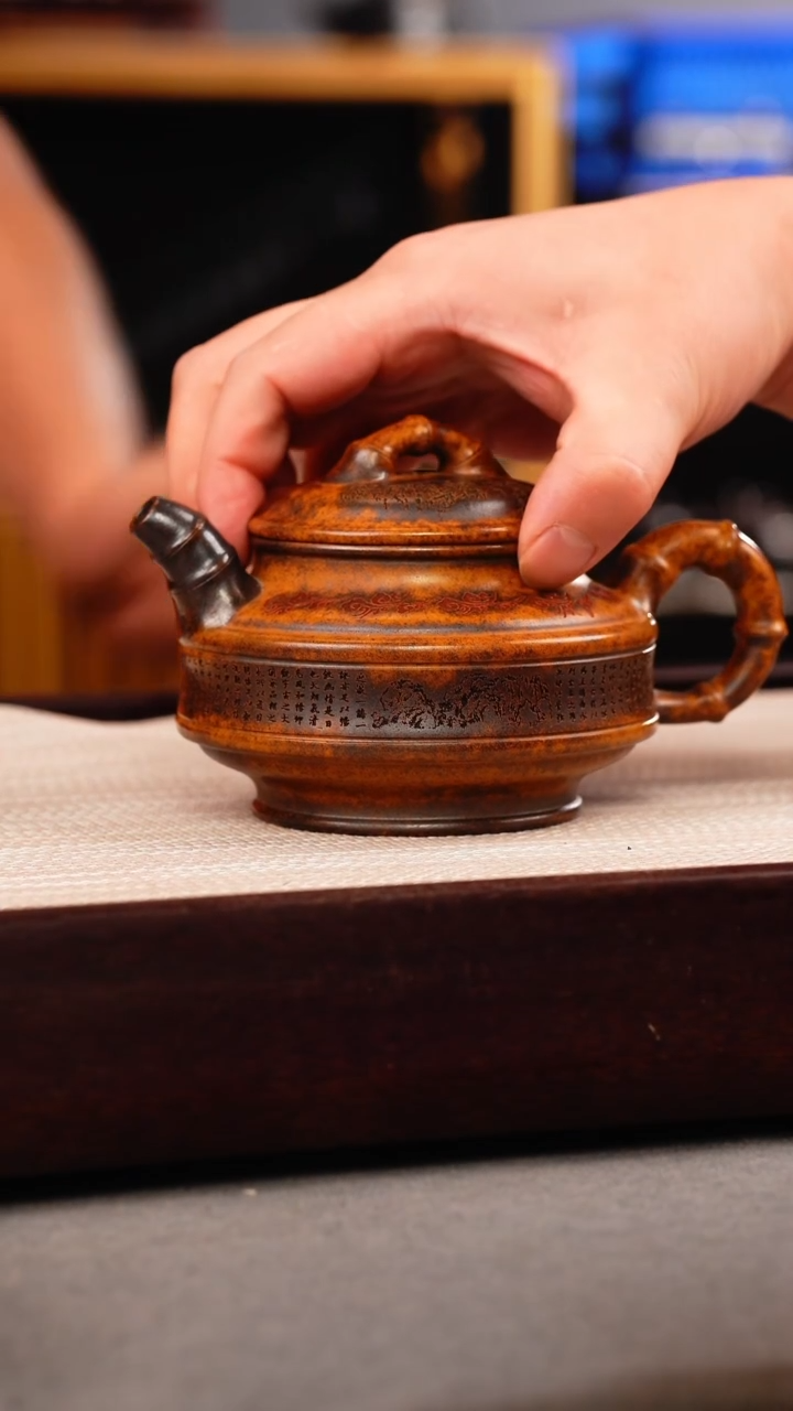 茶壶紫砂龙骨金砂 双线竹鼓 刻绘