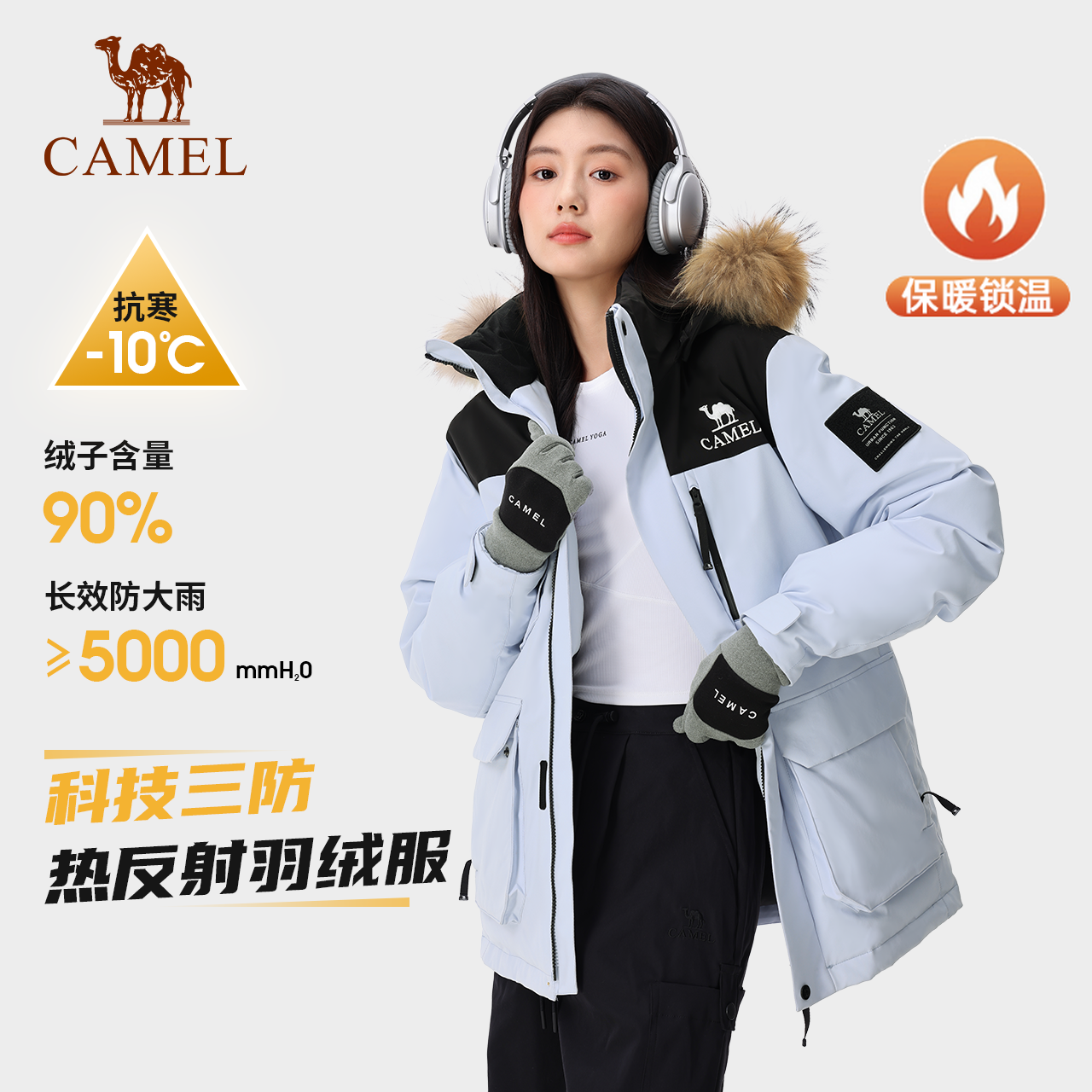 骆驼户外冬90绒工装派克防风保暖加厚防水防寒三防羽绒服外套连帽
