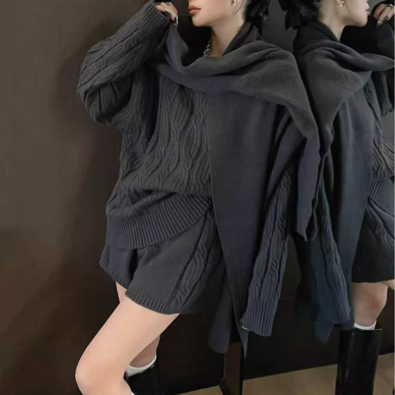 时尚套装长袖休闲宽松秋冬卫衣纯色长款百搭套头 81764