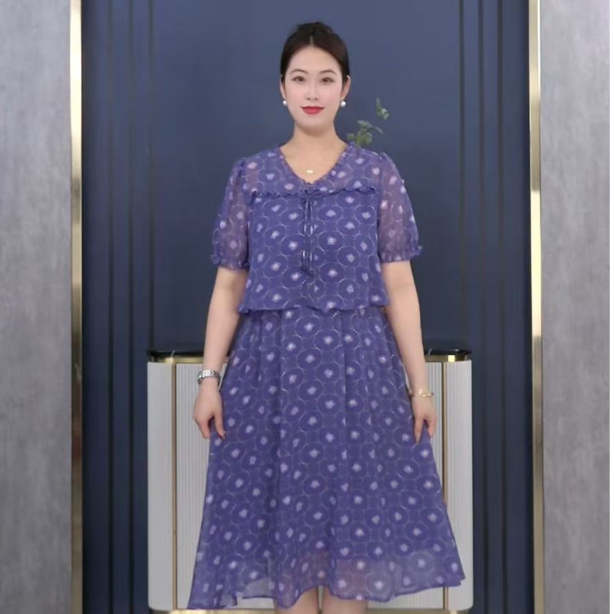 薇姐大码女装夏季宽松遮肚假两件妈妈洋气韩版中长裙子240535