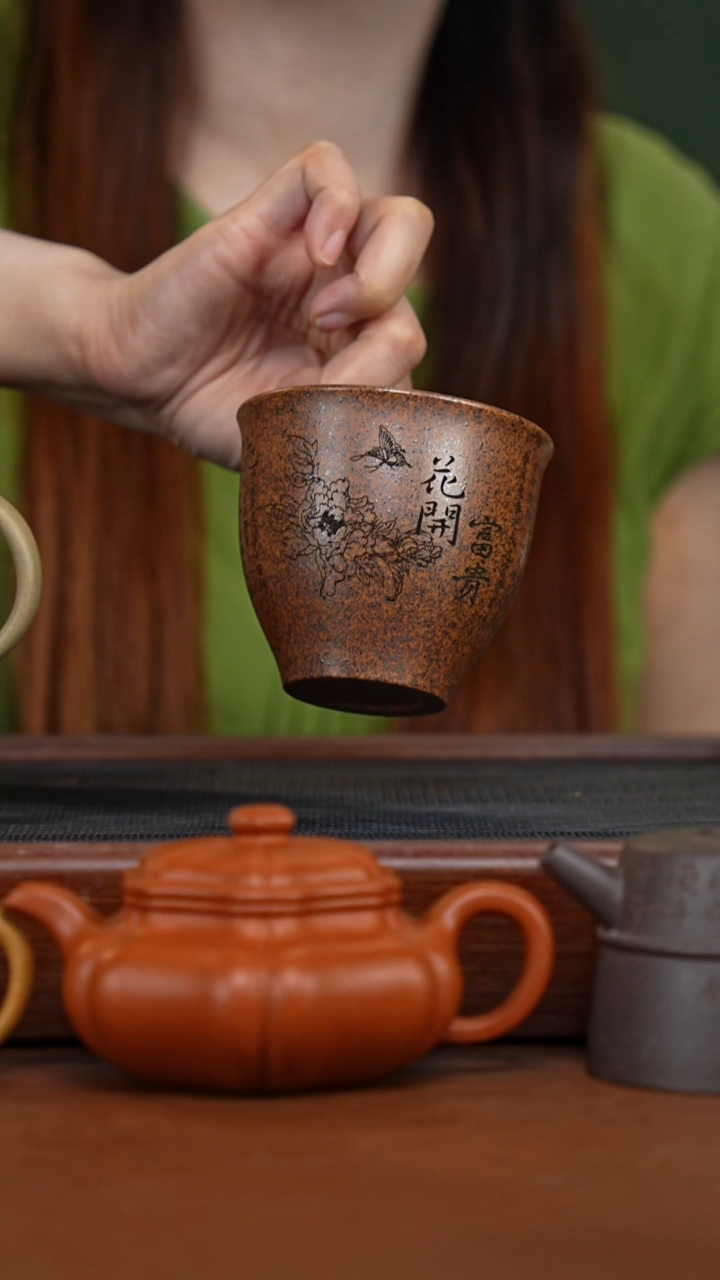 茶壶紫砂玉成窑文人段柴烧刻绘花开富贵杯