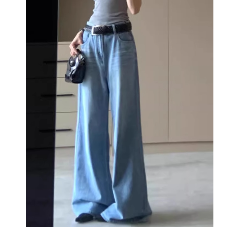 阔腿裤磨毛高腰牛仔裤百搭长裤直筒垂感时尚蓝色裤子复古百搭设计