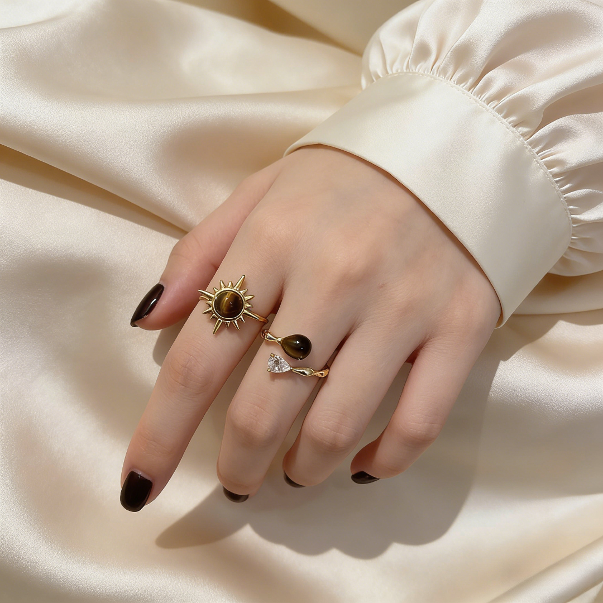 合金戒指 金色太阳花虎眼石戒指轻奢高级美拉德叠戴复古指环6030