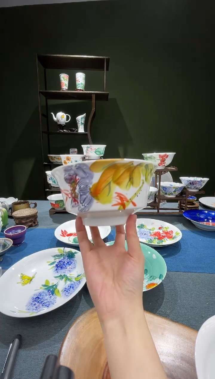 碗景德镇高温釉下6.5英寸金钟碗枯叶紫荷