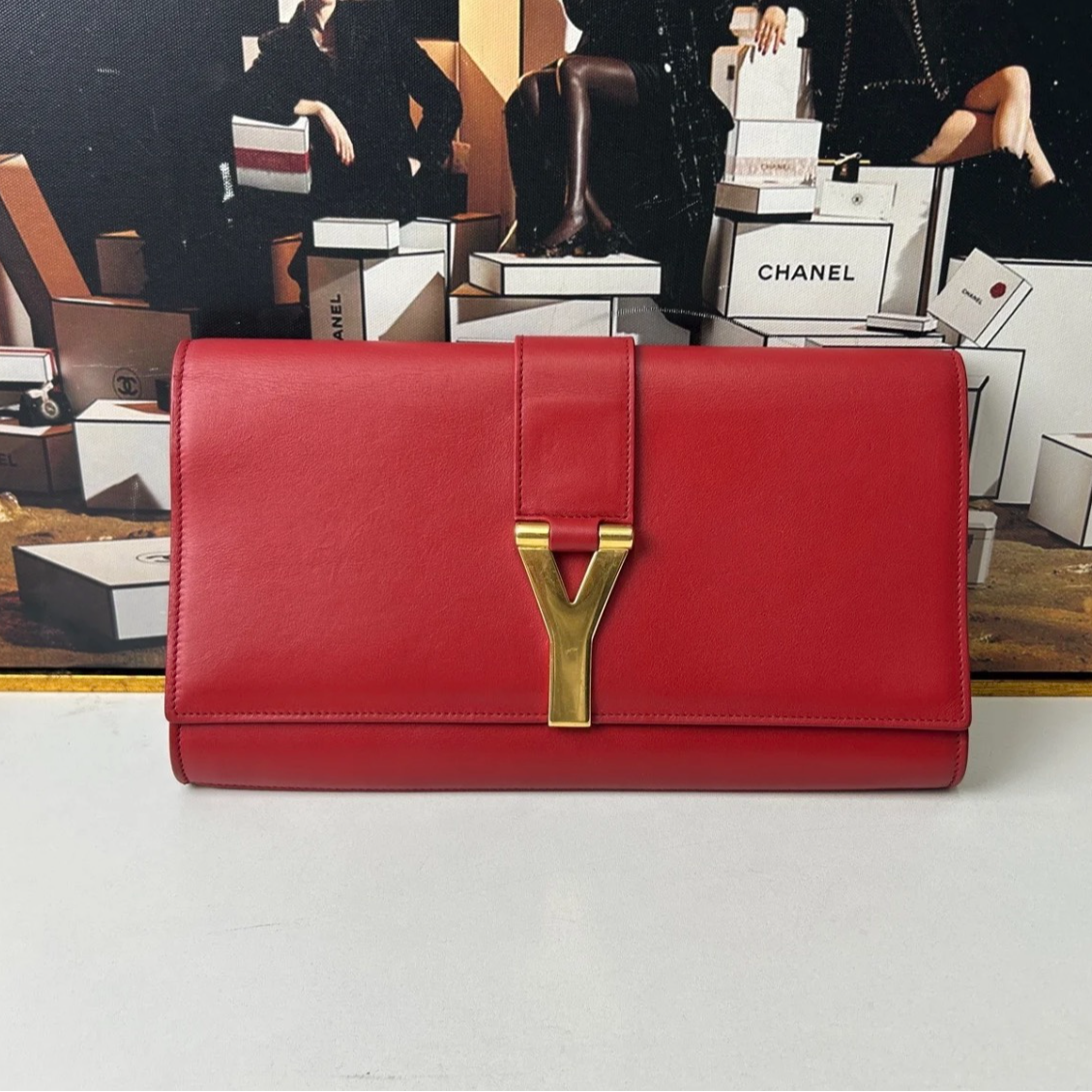 95新 YSL/圣罗兰 【诗诗】圣罗兰 YSL Y扣 红金 牛皮 大号 手拿包