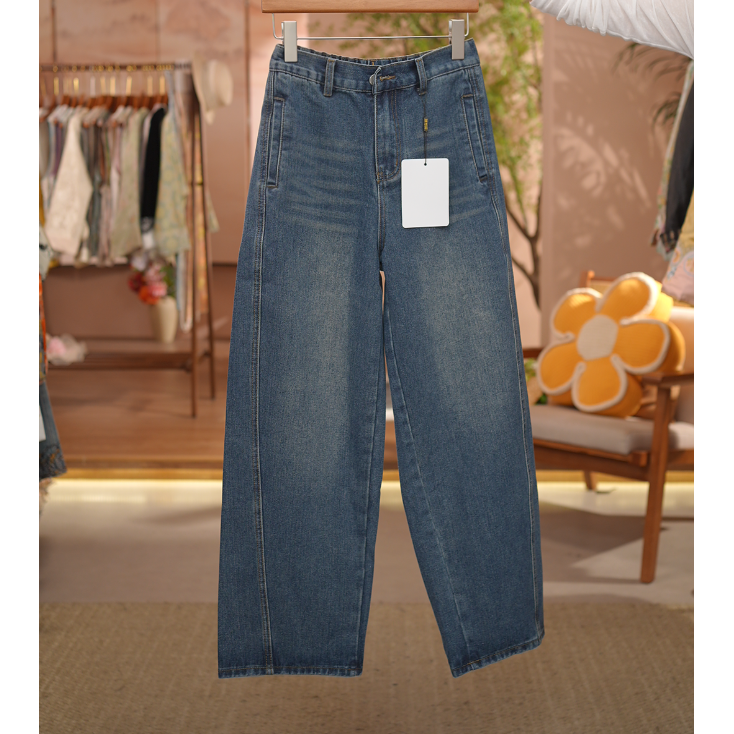 《 以初-牛仔裤》2025年新款松紧腰宽松显瘦纯色休闲百搭牛仔裤