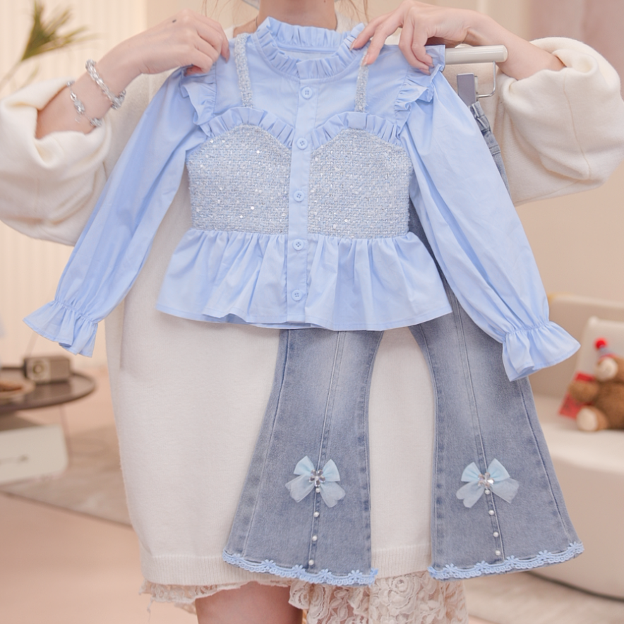 【星晨】女童秋季欧若风套头少女风拼接套装女孩衬衫两件套QA30603