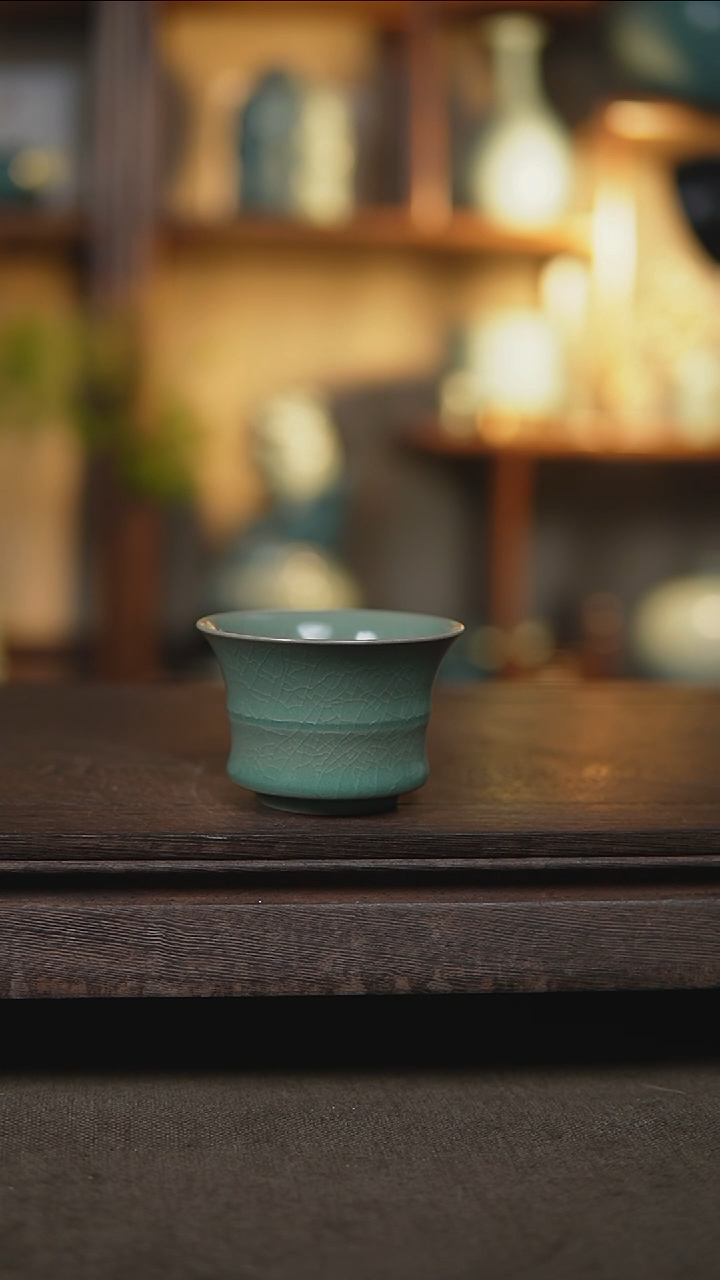 【闪购商品】杯仿古翡翠绿竹节马蹄杯微瑕