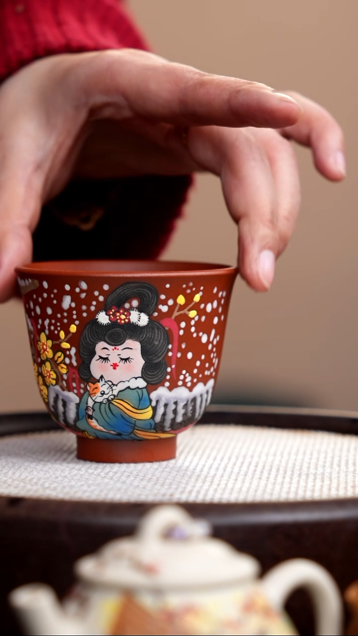 茶壶紫砂朱泥铃铛杯唐美人雪景