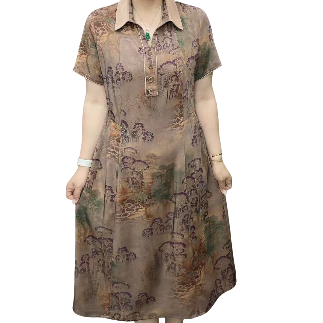 翻领山水画连衣裙（107左右）妈妈装显瘦气质时尚夏季宽松