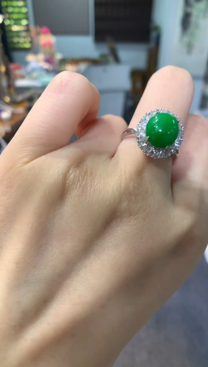 18K金镶嵌戒指翡翠戒指14圈上下两个圈口免费改