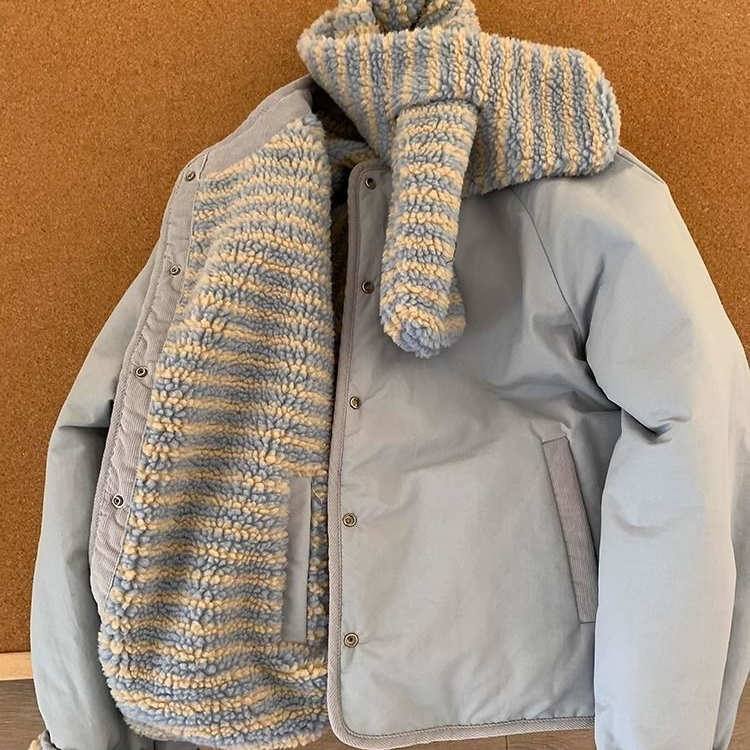 韩系休闲棉服两面穿外套女短款配围巾冬季新款宽松圆领加厚