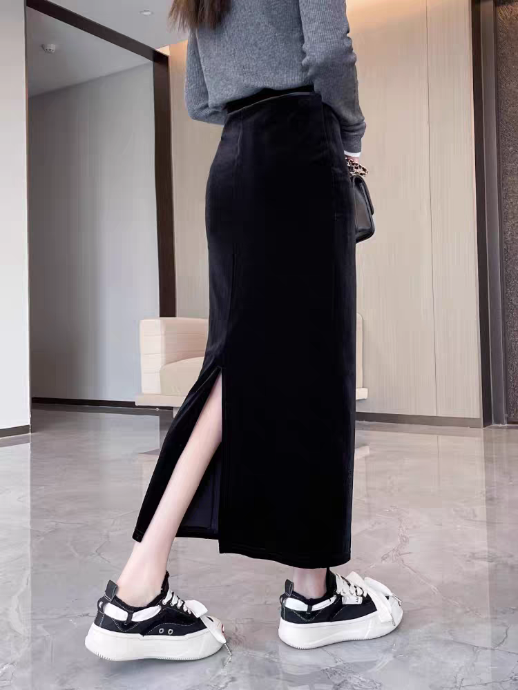 金丝绒开叉一步裙修身显瘦黑色秋冬包臀裙高腰半身裙大码长款裙子
