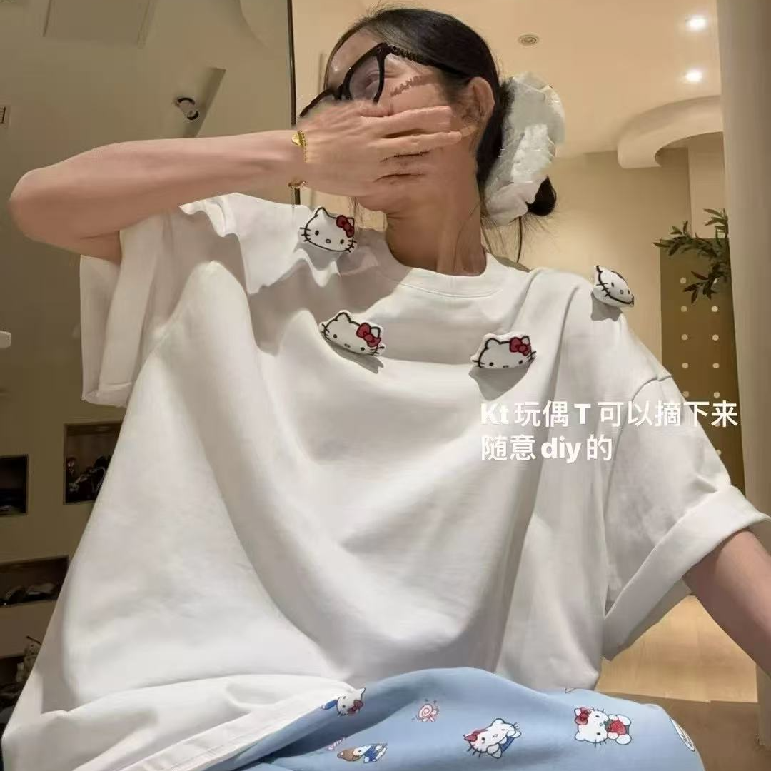 悦己大码胖mm凯蒂猫短袖t恤女春季ins布偶宽松中长T加KT猫裤子