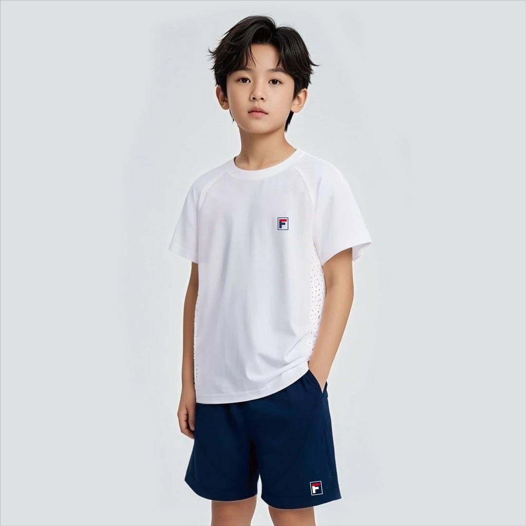 新品F标蓝色白色拼接速干套装衣服男女宝同款夏季休闲圆领