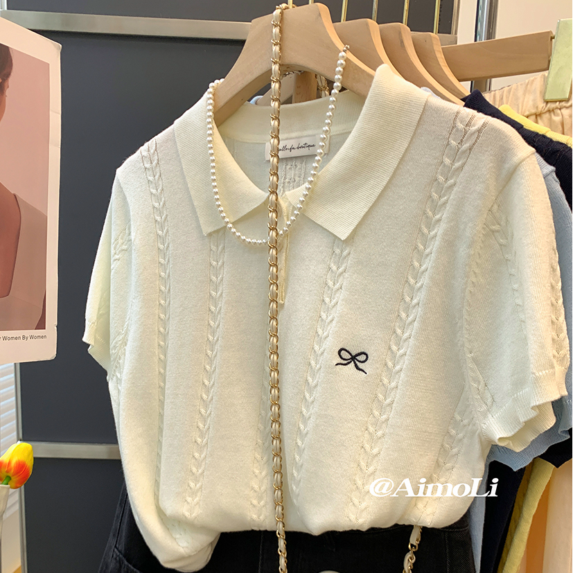 【现货】韩系夏季冰丝短袖针织衫女2025新款刺绣翻领polo衫别致上衣