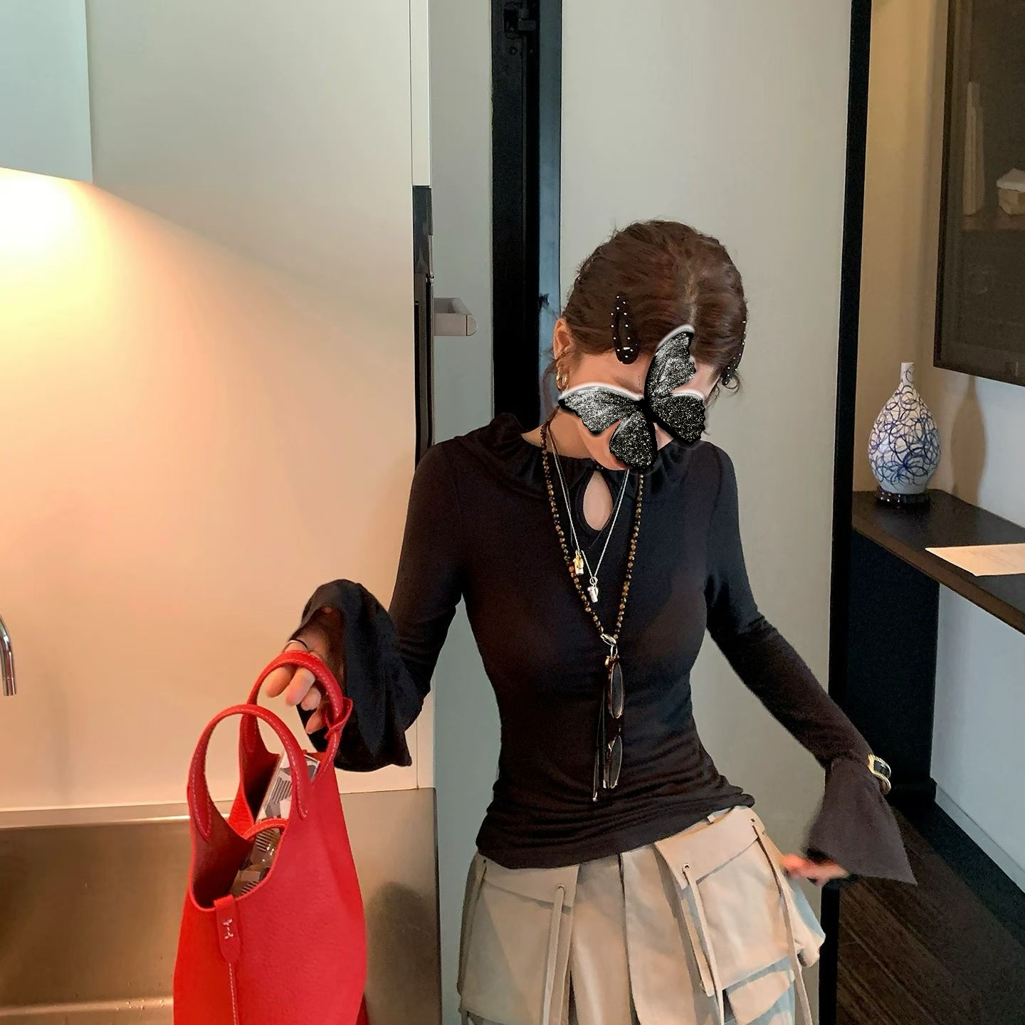 8237 缪系少女/娃娃领内搭修身打底衫早春喇叭袖T恤上衣