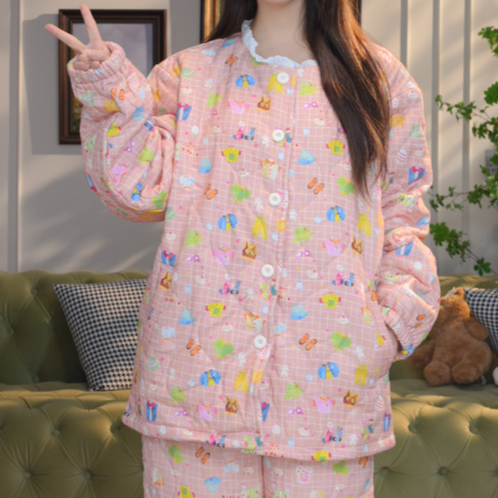 冬季三层夹棉加厚保暖睡衣胖mm200斤圆领套装长袖卡通花边家居服