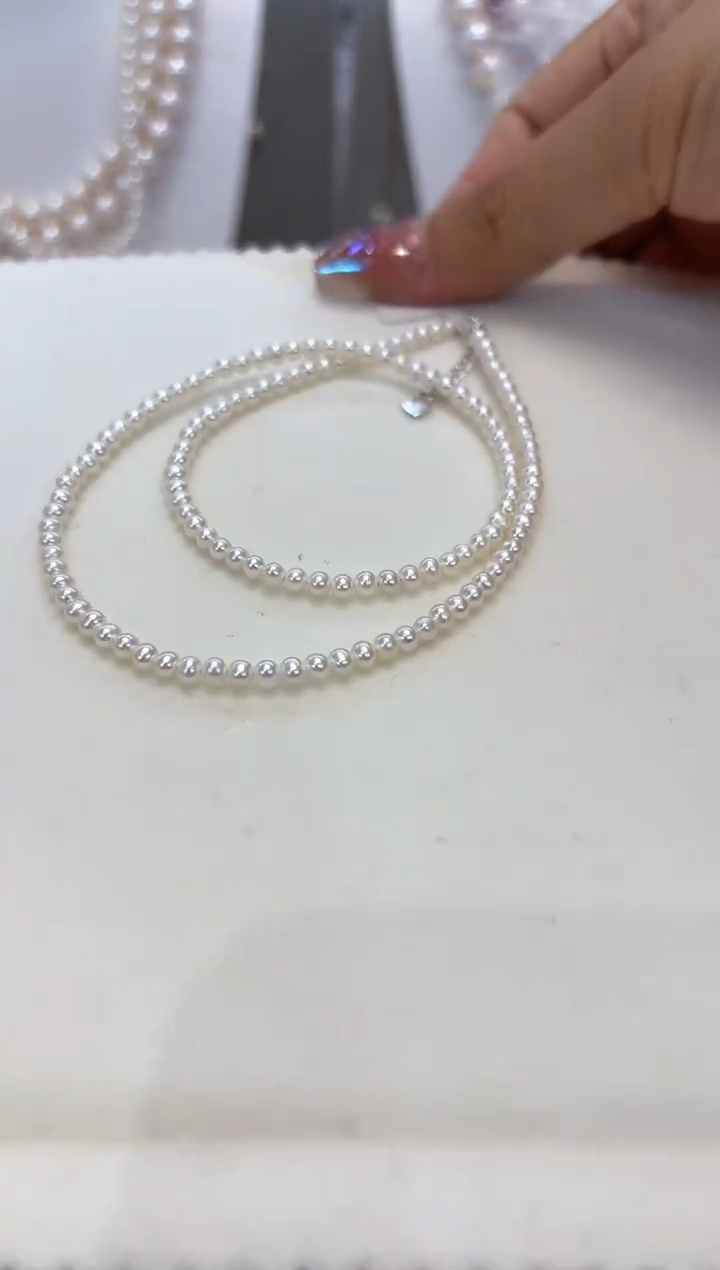 【闪购商品】淡水珍珠颈饰银S925镶嵌3-4mm白珠项链裸珠45
