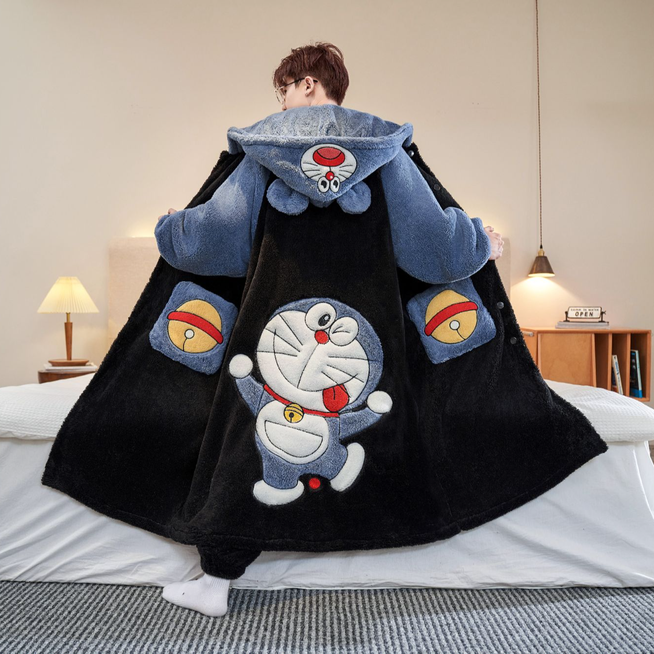 男士保暖冬季长款青年睡衣家居服袍套装大码法兰绒家居服卡通睡袍