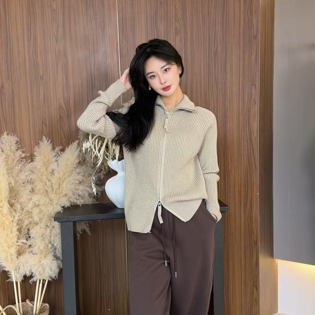 【好看专属】UA高领双拉链坑条纹显瘦针织开衫18362