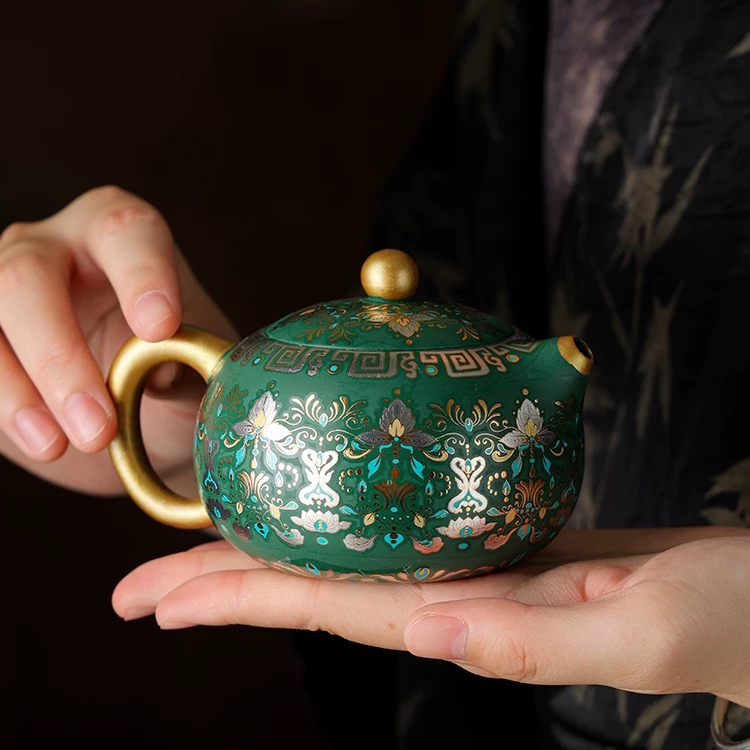 G4037-绿泥紫砂金银错西施壶