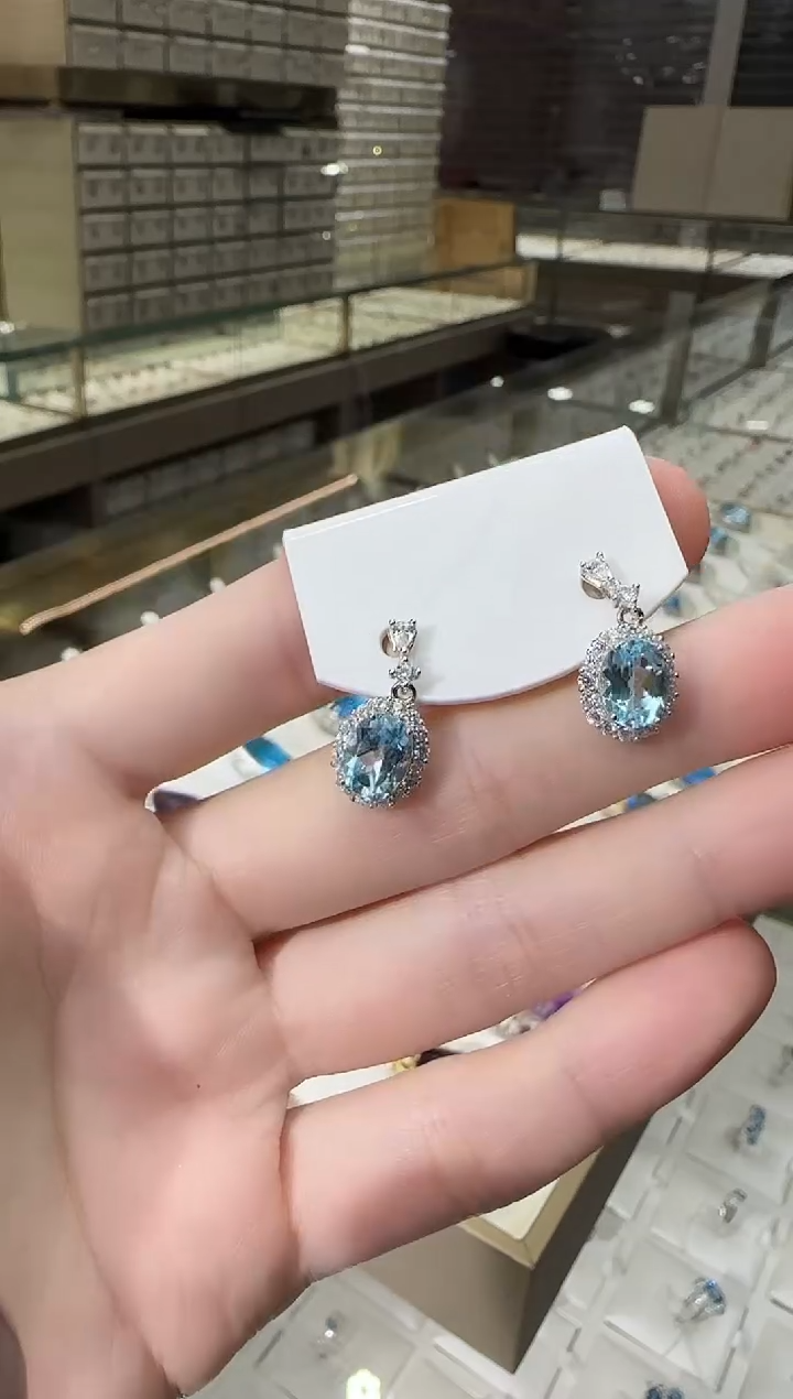 银S925镶嵌托帕石耳饰10*8mm耳坠设计款