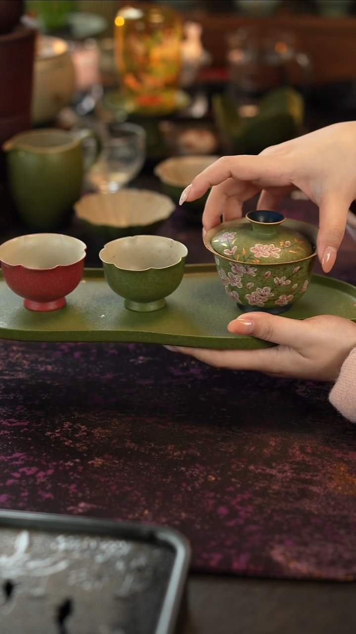 摆件陶青橘盖碗加