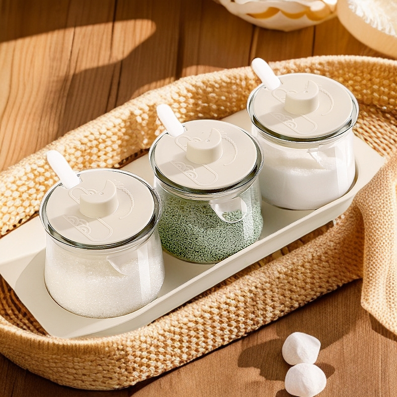 玻璃调料罐组合厨房用品调味罐带盖带勺调料盒盐罐鸡精调料瓶套装
