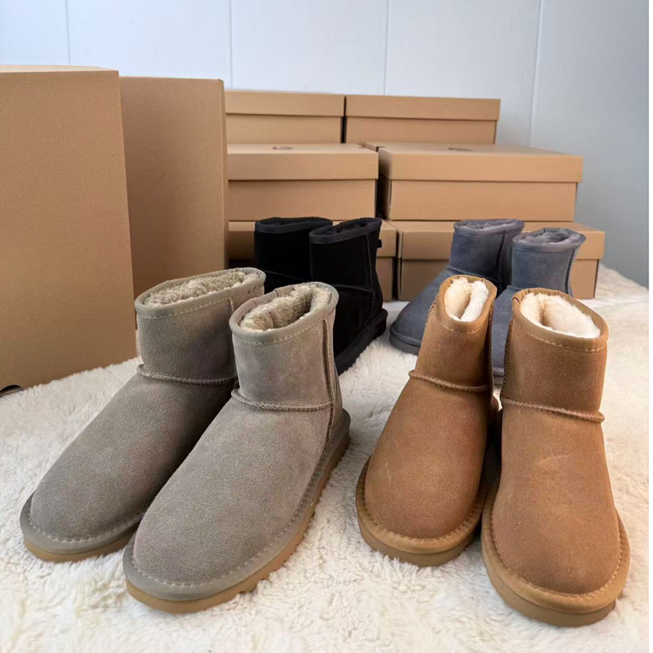 【U家薄底】5854（2cm)时尚经典甜美防滑中筒保暖羊毛皮一体雪地靴