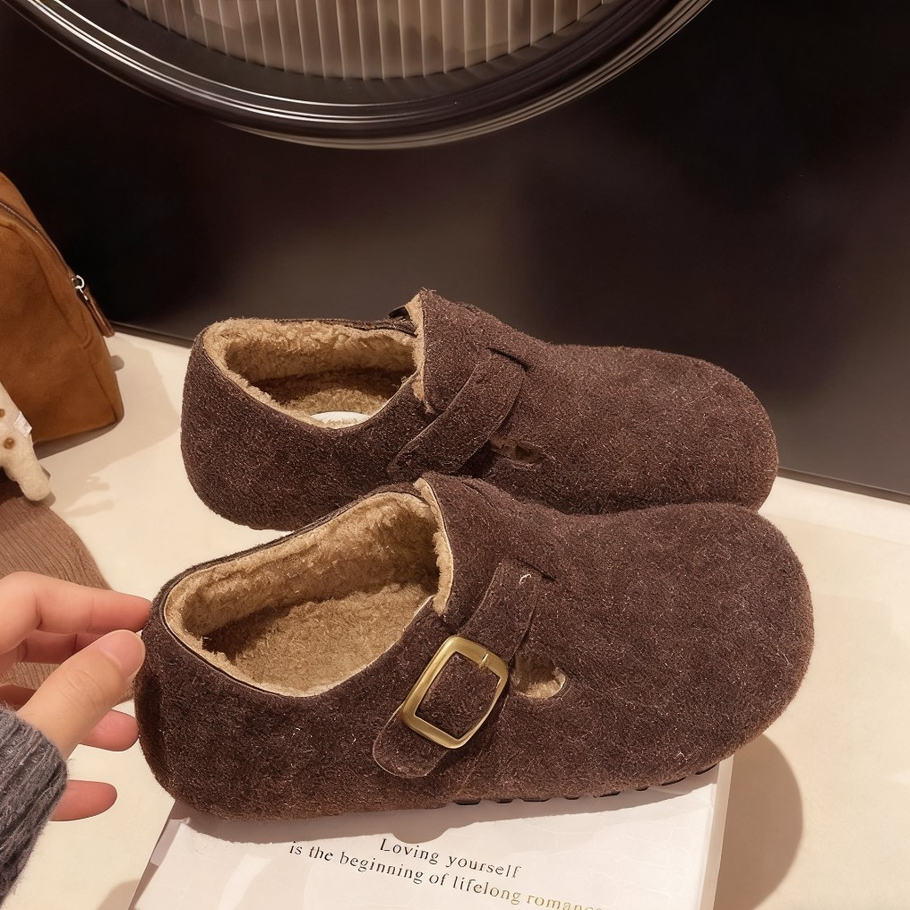 H【有运费险】复古呢子冬加绒勃肯保暖新款女外穿毛毛圆头绒毛棉鞋