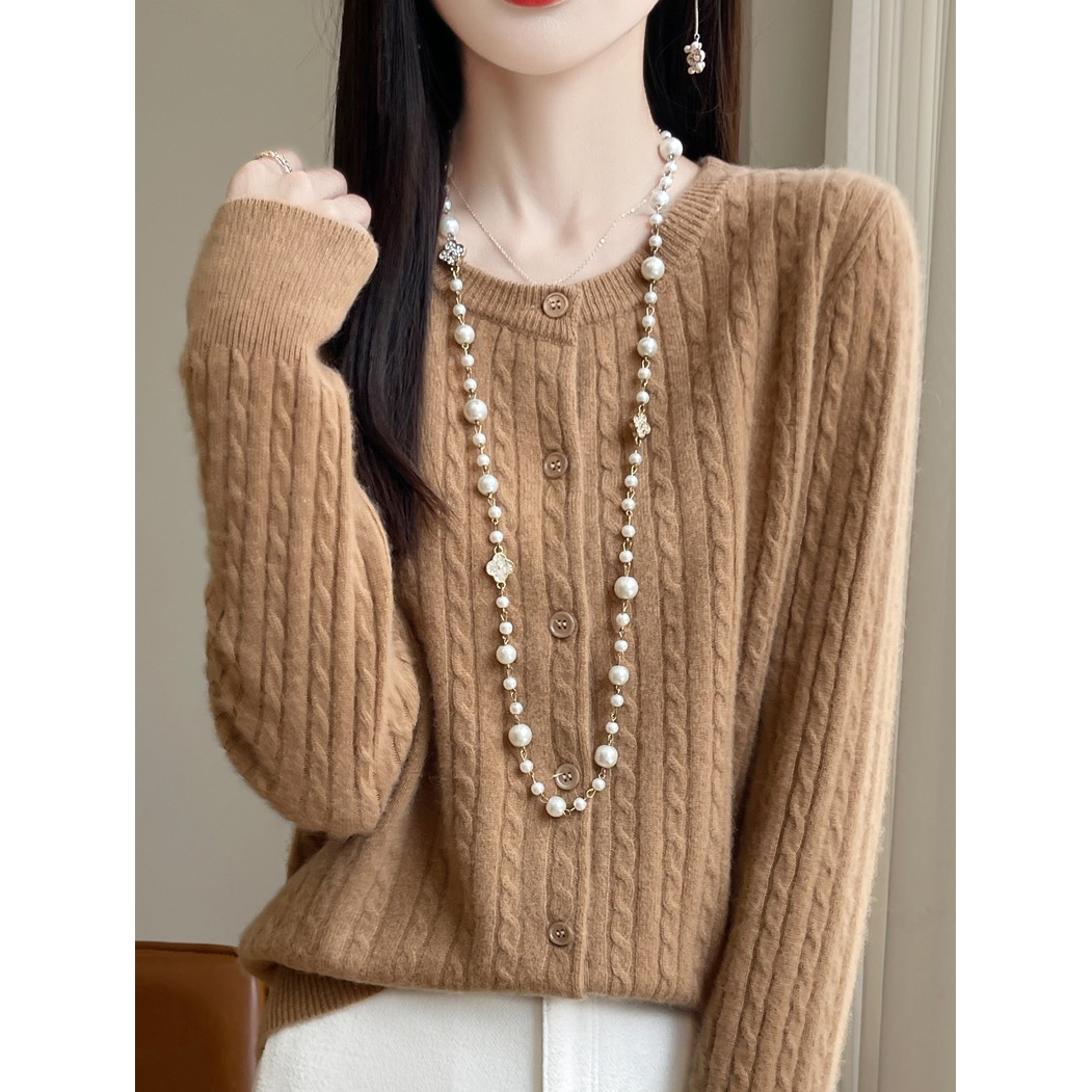 【100%澳羊毛】圆领麻花100%纯羊毛针织开衫女秋冬气质绞花毛衣外套