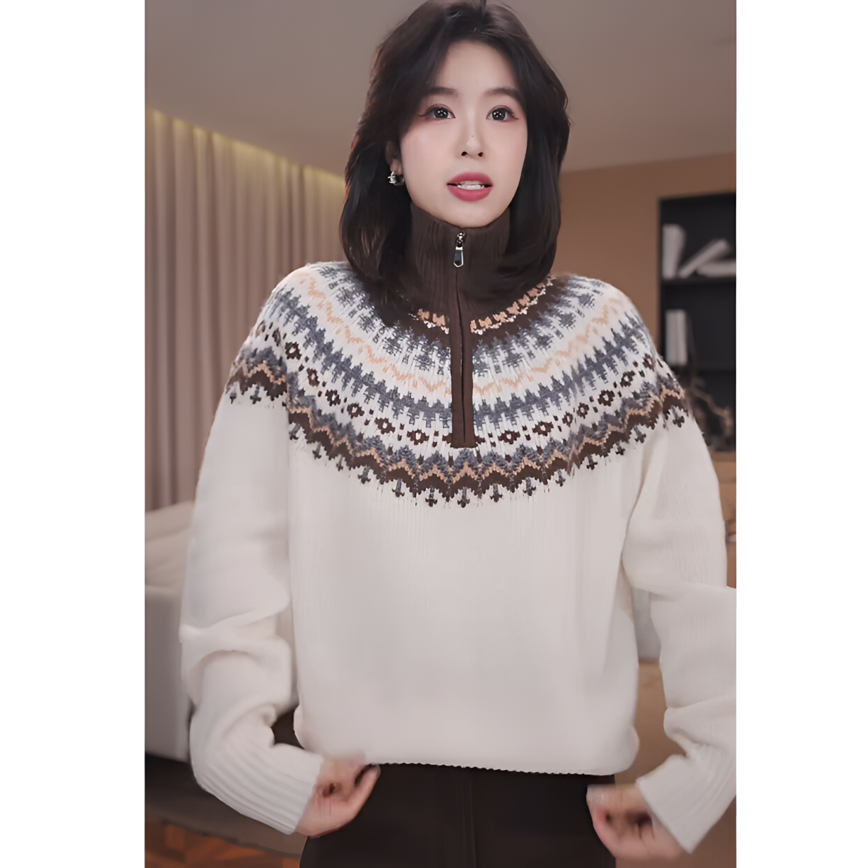 广州琴姐【雪林密语】100绵羊毛半高领费尔岛针织衫毛衣女冬季 6538