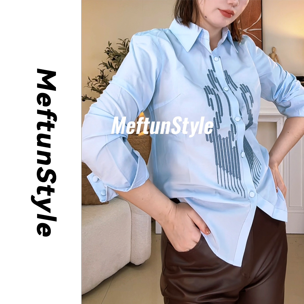 maftun民族风重工刺绣百搭OTT修身条纹气质小众韩版衬衣时尚衬衫