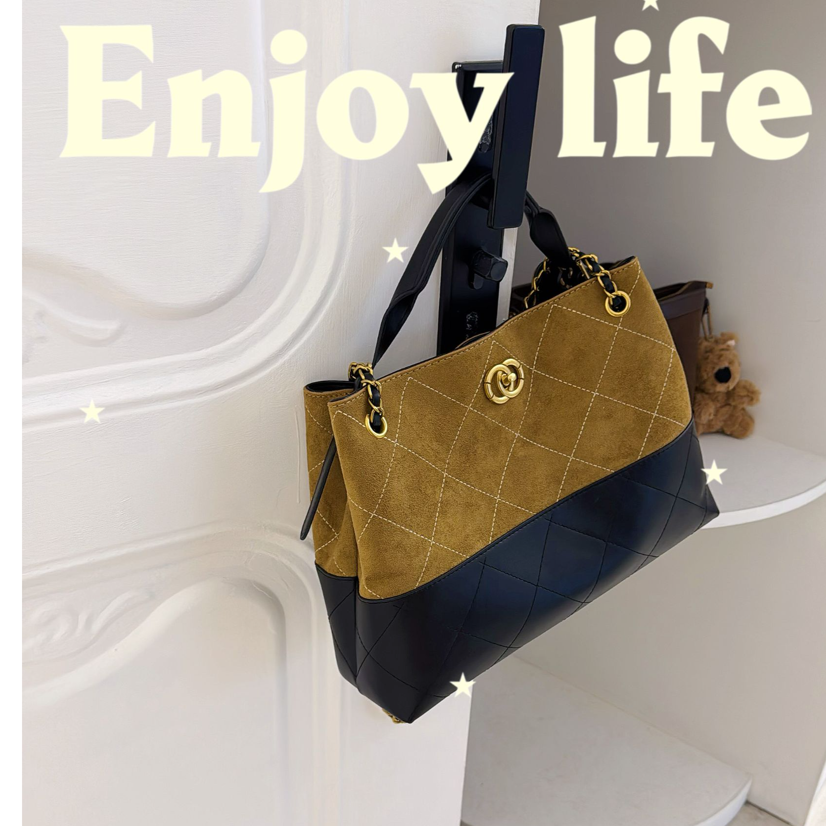 复古麂皮小香风托特包女2025新款格纹通勤单肩腋下斜挎百搭手提包