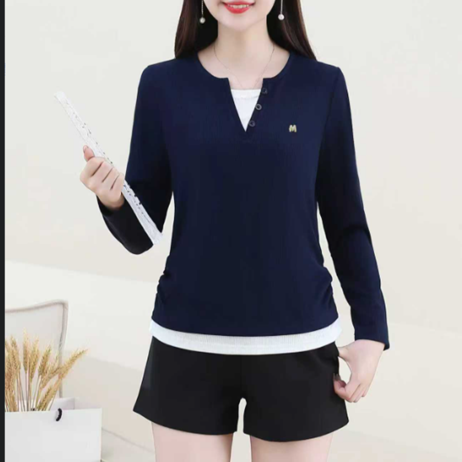 F12#M字母假两件长袖衬衫女