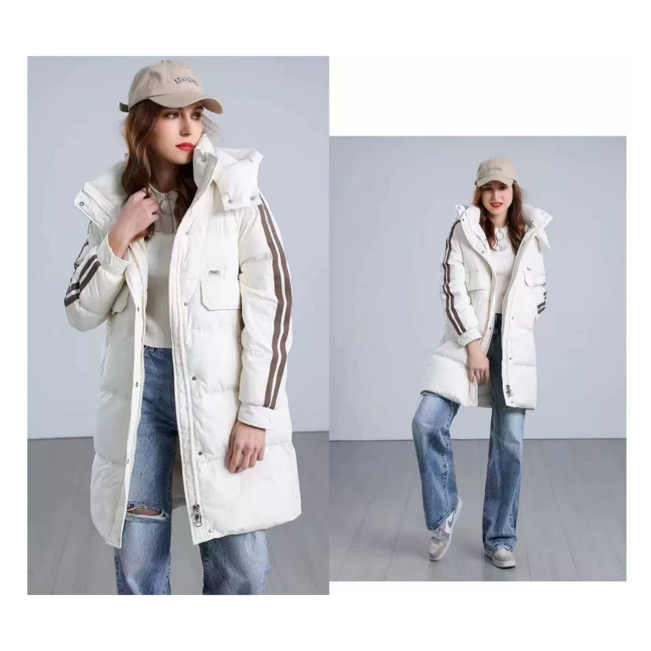 Y326中长款休闲保暖连帽女长款女士羽绒外套冬季白鸭绒