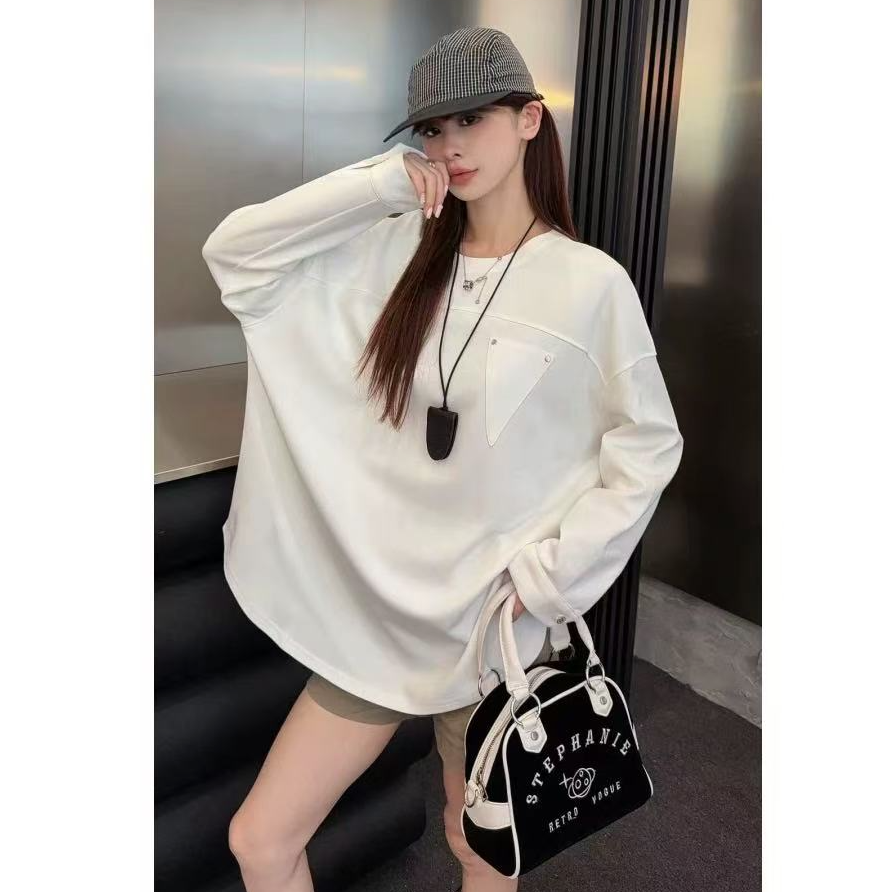 三角口袋中长款正肩袖扣遮肉显瘦大衫卫衣