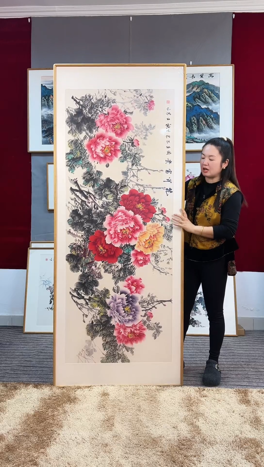国画手绘牡丹202*82尺寸