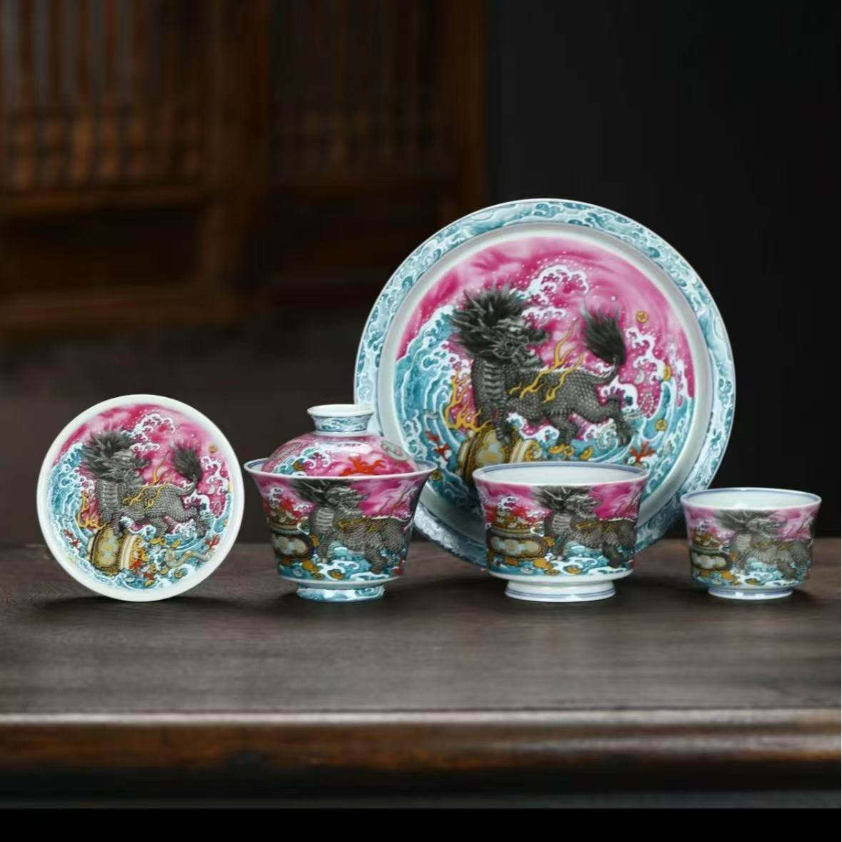 景德镇手工釉下胭脂红麒麟踏浪功夫茶具家用泡茶器