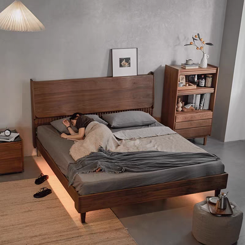 北美黑胡桃木床现代简约主卧婚床家用风琴双人床1米8大床全实木床