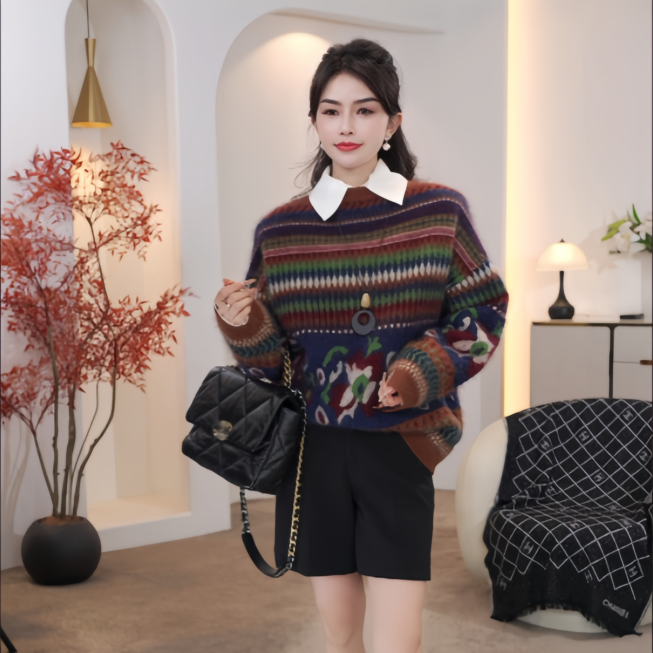 【休闲时尚】高端羊绒拉绒费尔岛花纹呢洋气款上衣