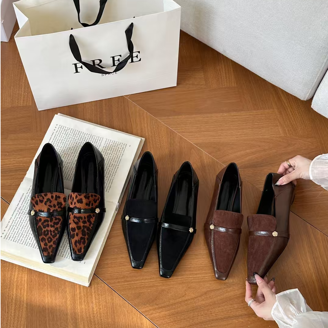 法式复古绒面拼接小方头低跟乐福鞋女小皮鞋2025春季百搭通勤单鞋