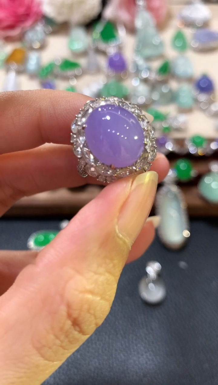 18K金镶嵌戒指翡翠芈*家m144紫色有色差