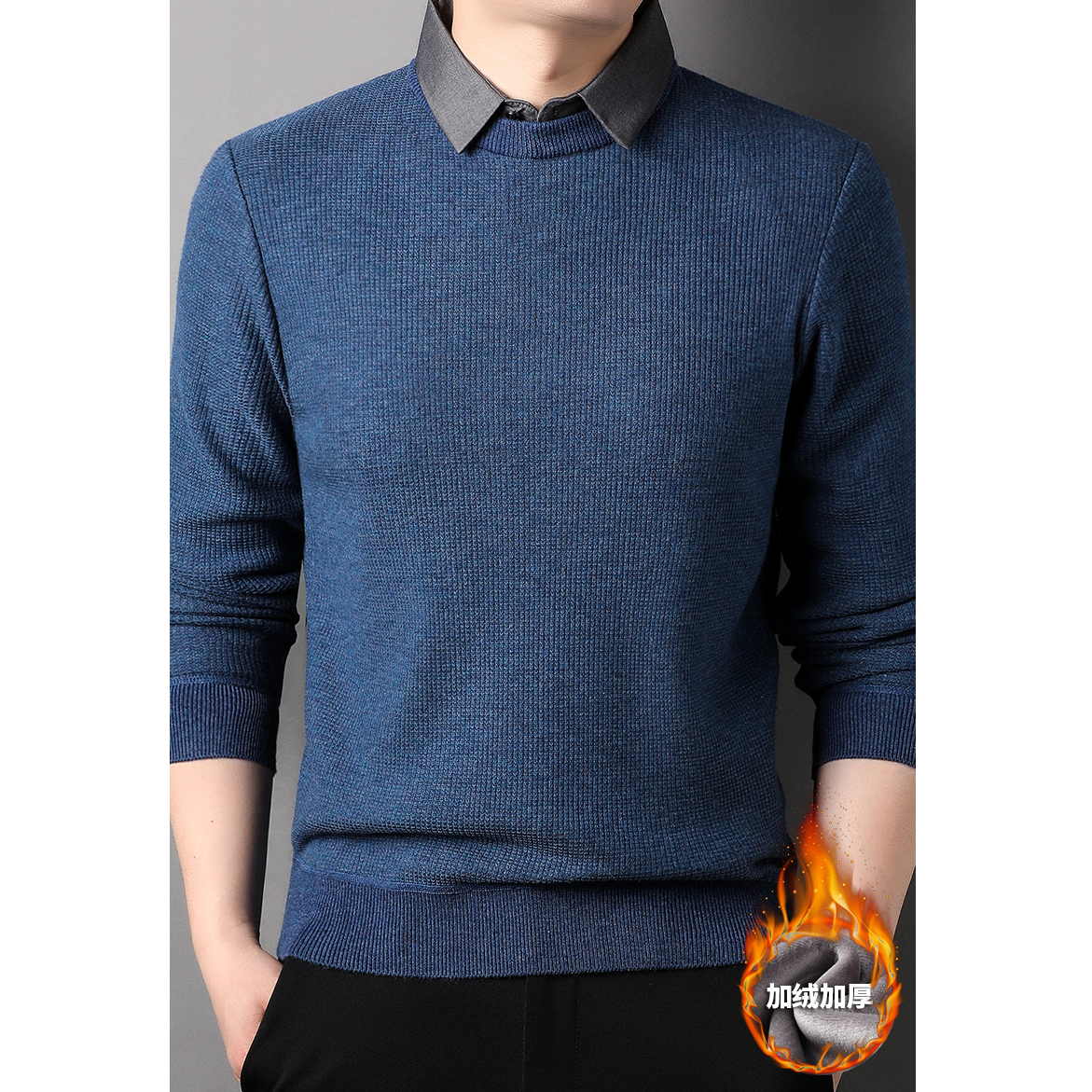 POLO领打底衫冬季套头针织毛衣加绒叠穿针织衫保暖休闲