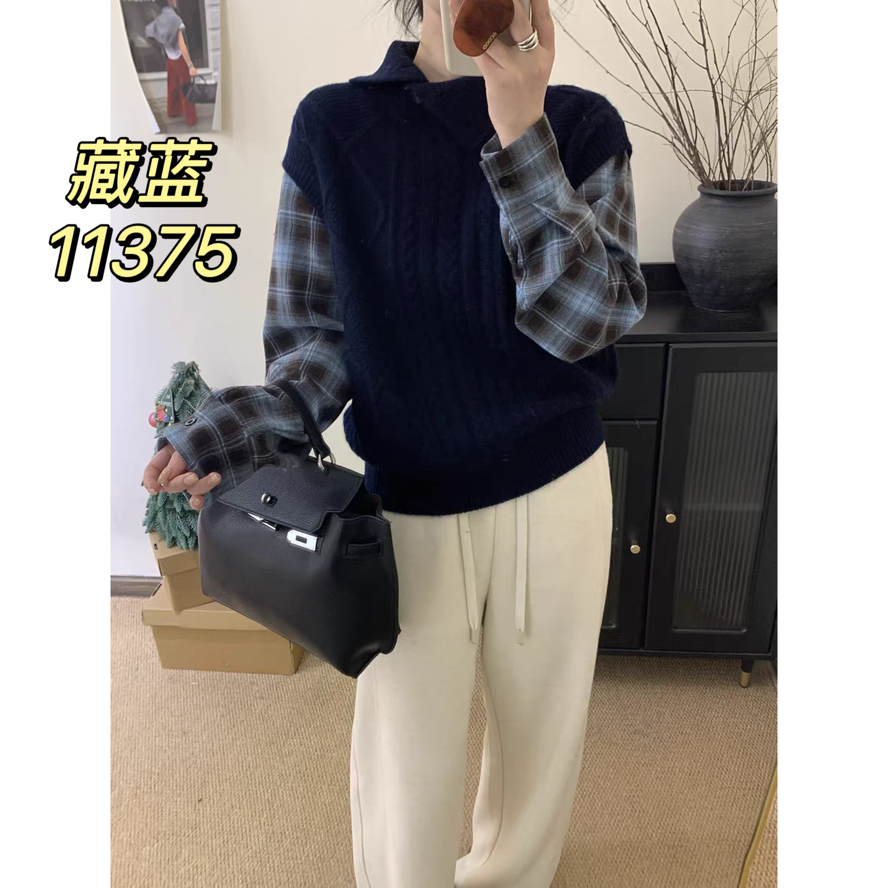 11375（部分无水洗唛，介意慎拍）SANFAN新款拼接袖翻领针织衫
